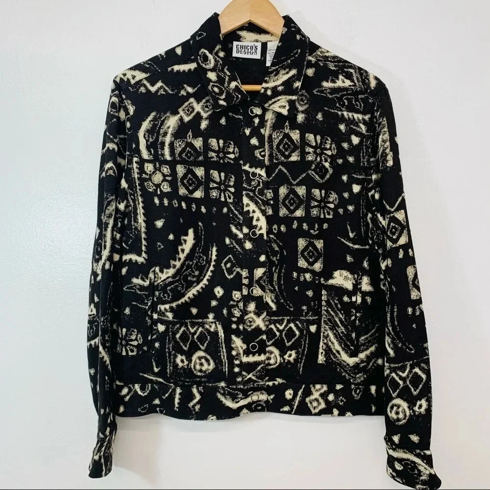 Chicos 0 Jacket Woman Small‎ Linen Tencel  Brown Print Pockets Western Vacation